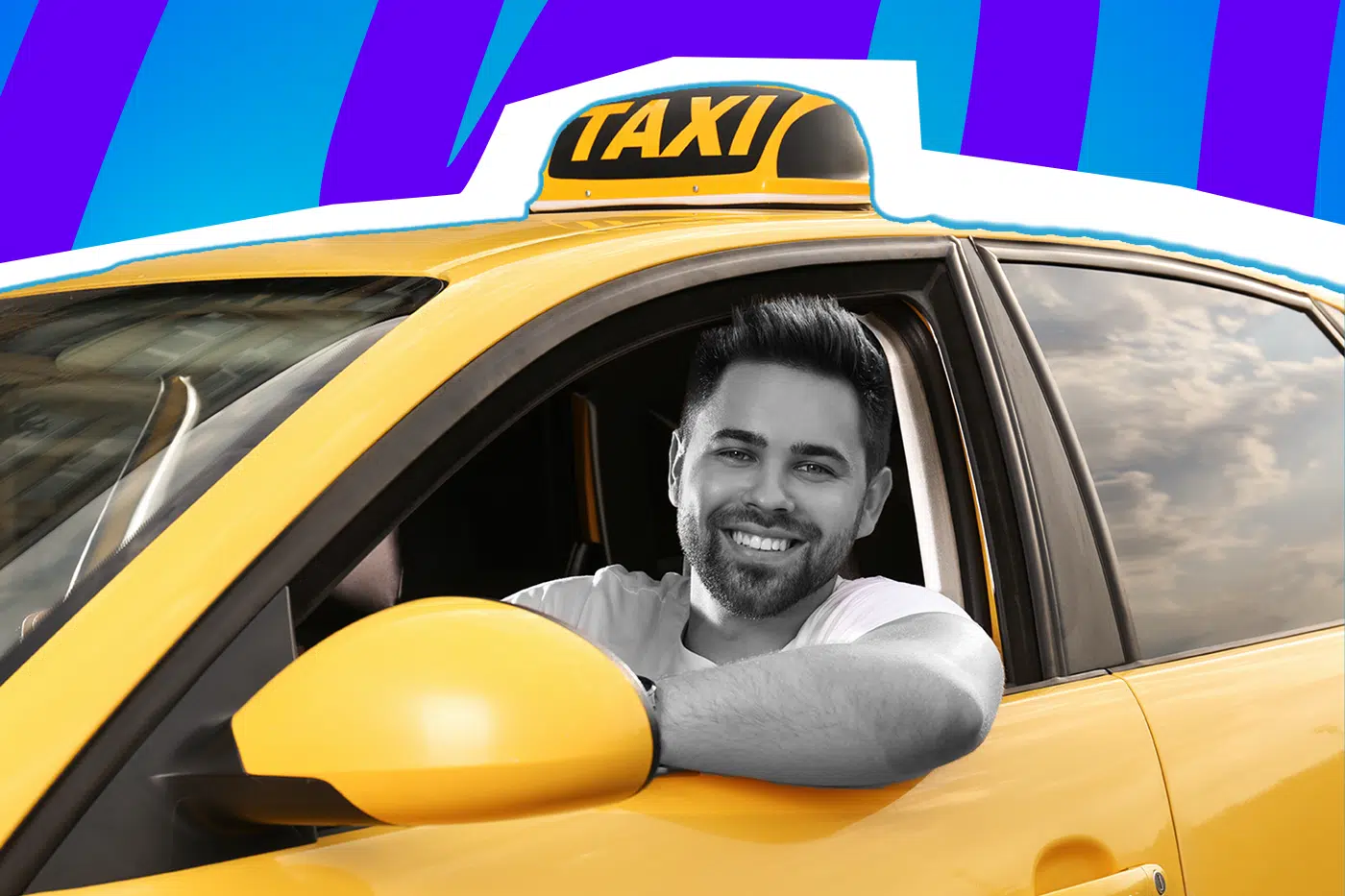 Pop-Art-Illustration eines lächelnden Taxifahrers in seinem gelben Wagen. Schwarz-Weiß-Gesicht mit Bart, umgeben von einem hellblauen und lila Hintergrund. Ideal für Beiträge über Taxifahren, kurioses Fahrgastverhalten, Berufsalltag und humorvolle Reisegeschichten.
