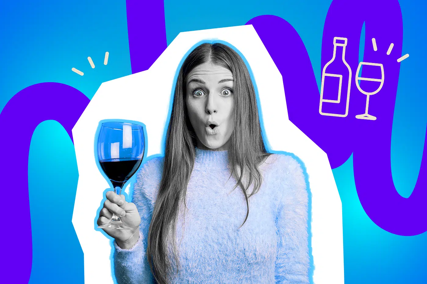 Frau hält überrascht ein Glas Rotwein in der Hand.