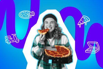 Eine Frau genießt lachend ein Stück Pizza aus dem Karton, umgeben von Pizza-Symbolen.