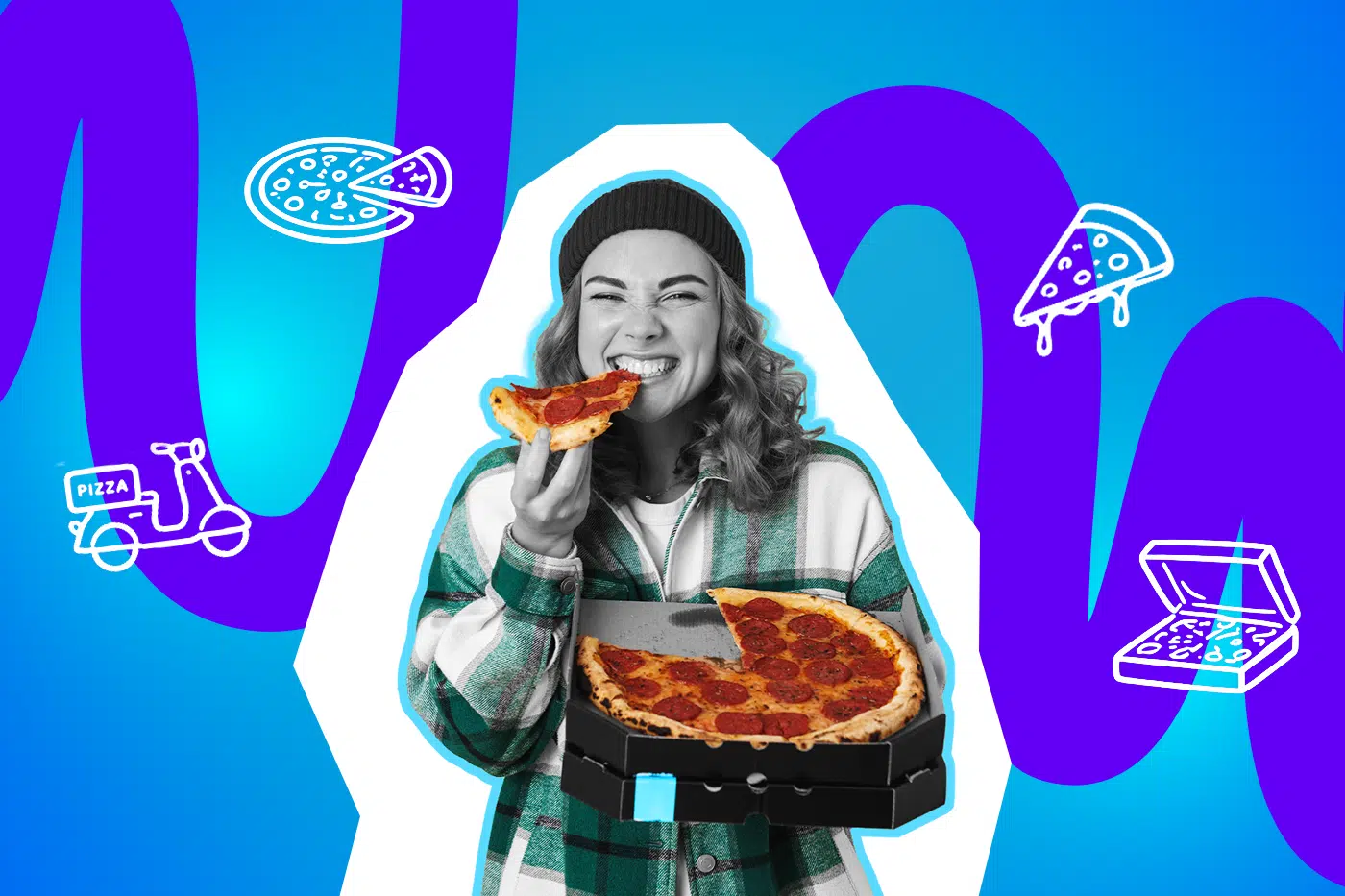 Eine Frau genießt lachend ein Stück Pizza aus dem Karton, umgeben von Pizza-Symbolen.