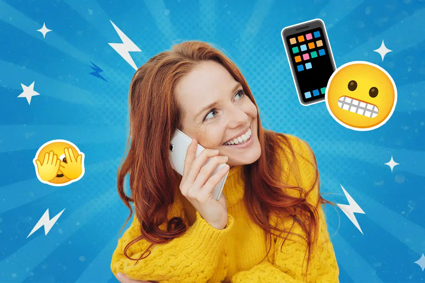 Frau mit rotem Haar und gelbem Pulli telefoniert fröhlich – noch ahnungslos, was gleich auf ihrem Anrufbeantworter landet.