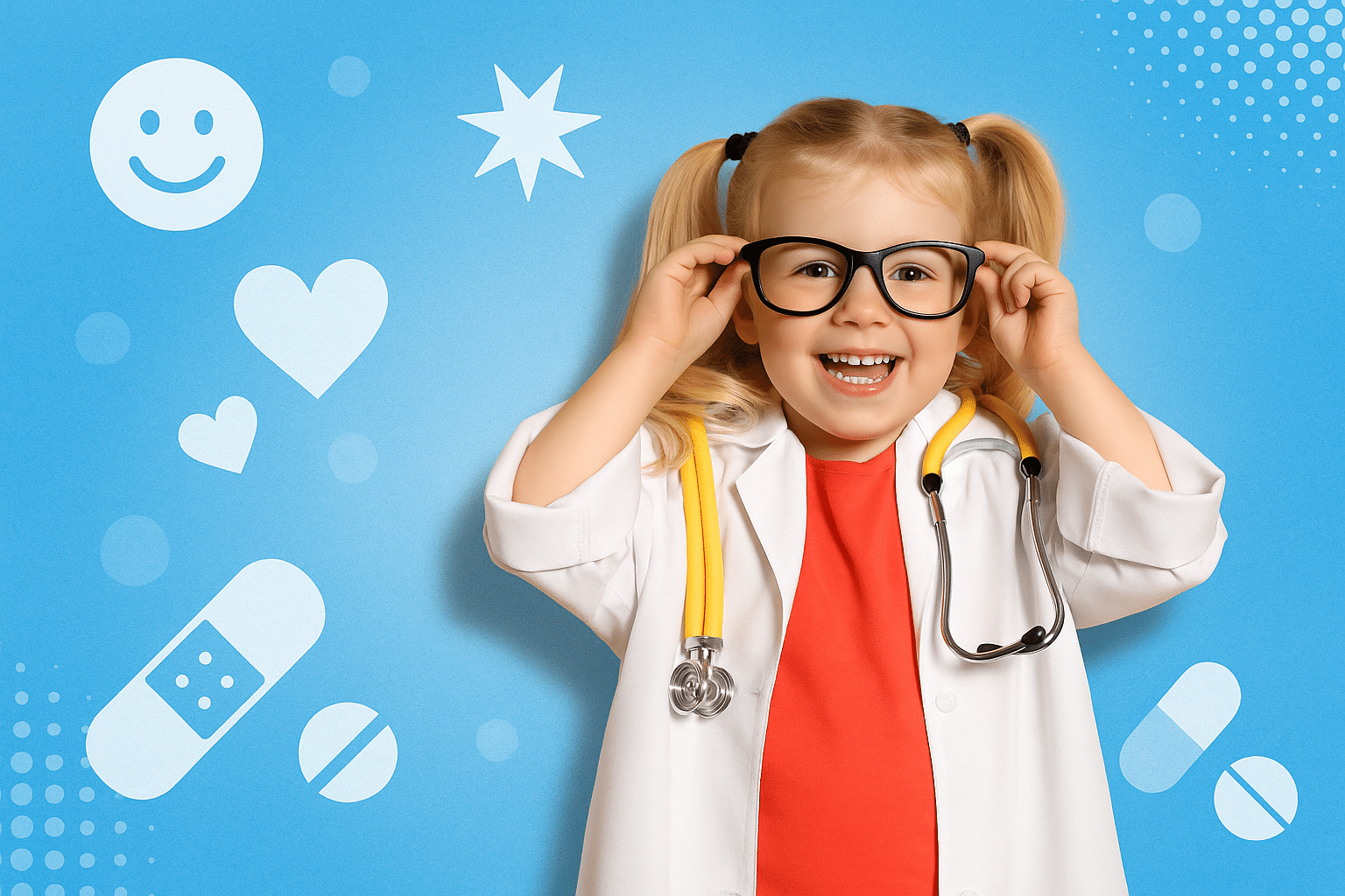 Kleines Mädchen mit Brille und Stethoskop lacht stolz in die Kamera – Diagnose: akute gute Laune.