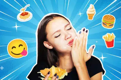 Eine junge Frau isst genüsslich einen Burger und schmiert sich mit der Hand den Mund ab. Der Hintergrund ist Türkis und mit Emojis rund um Essen versehen.