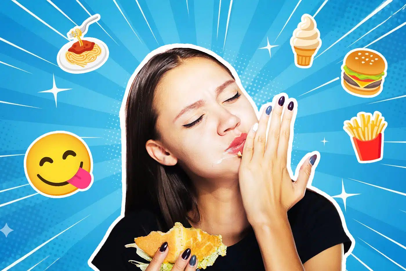 Eine junge Frau isst genüsslich einen Burger und schmiert sich mit der Hand den Mund ab. Der Hintergrund ist Türkis und mit Emojis rund um Essen versehen.