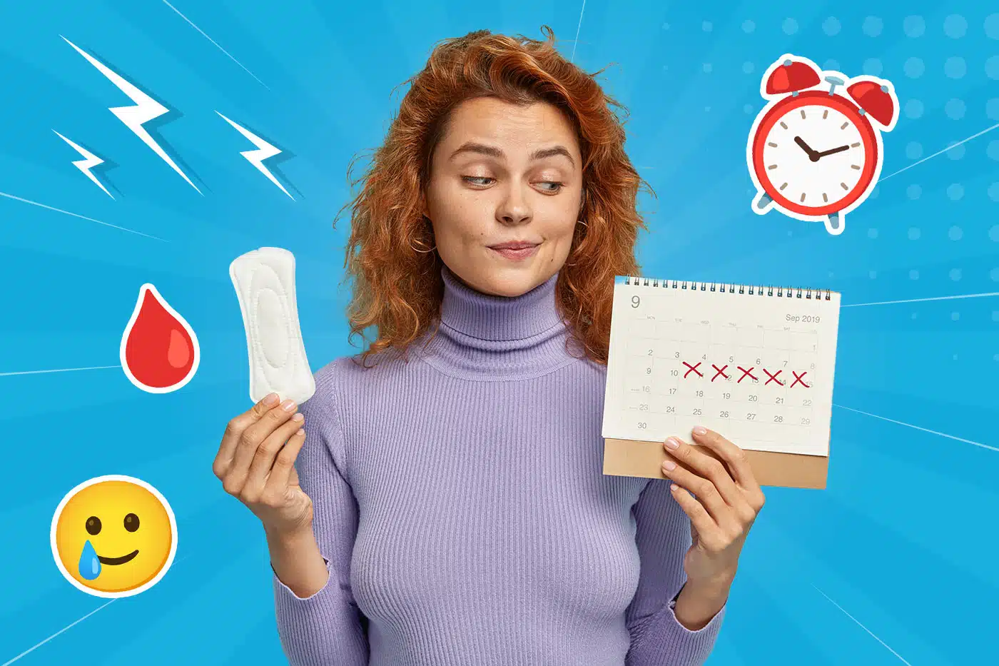 Frau in lila Rollkragen schaut skeptisch auf ihren Kalender und weiß: Es ist wieder dieser ganz besondere Teil des Monats.