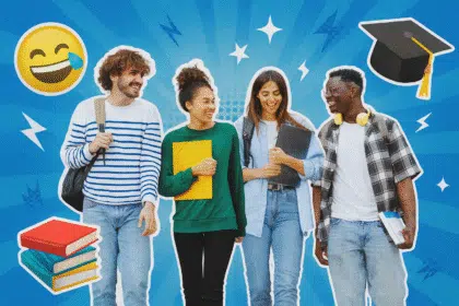 Vier fröhliche Schüler gehen gemeinsam eine Treppe hinunter, lachen und unterhalten sich. Um ihn herum ist ein blauer Pop-Art Hintergrund mit Emojis.