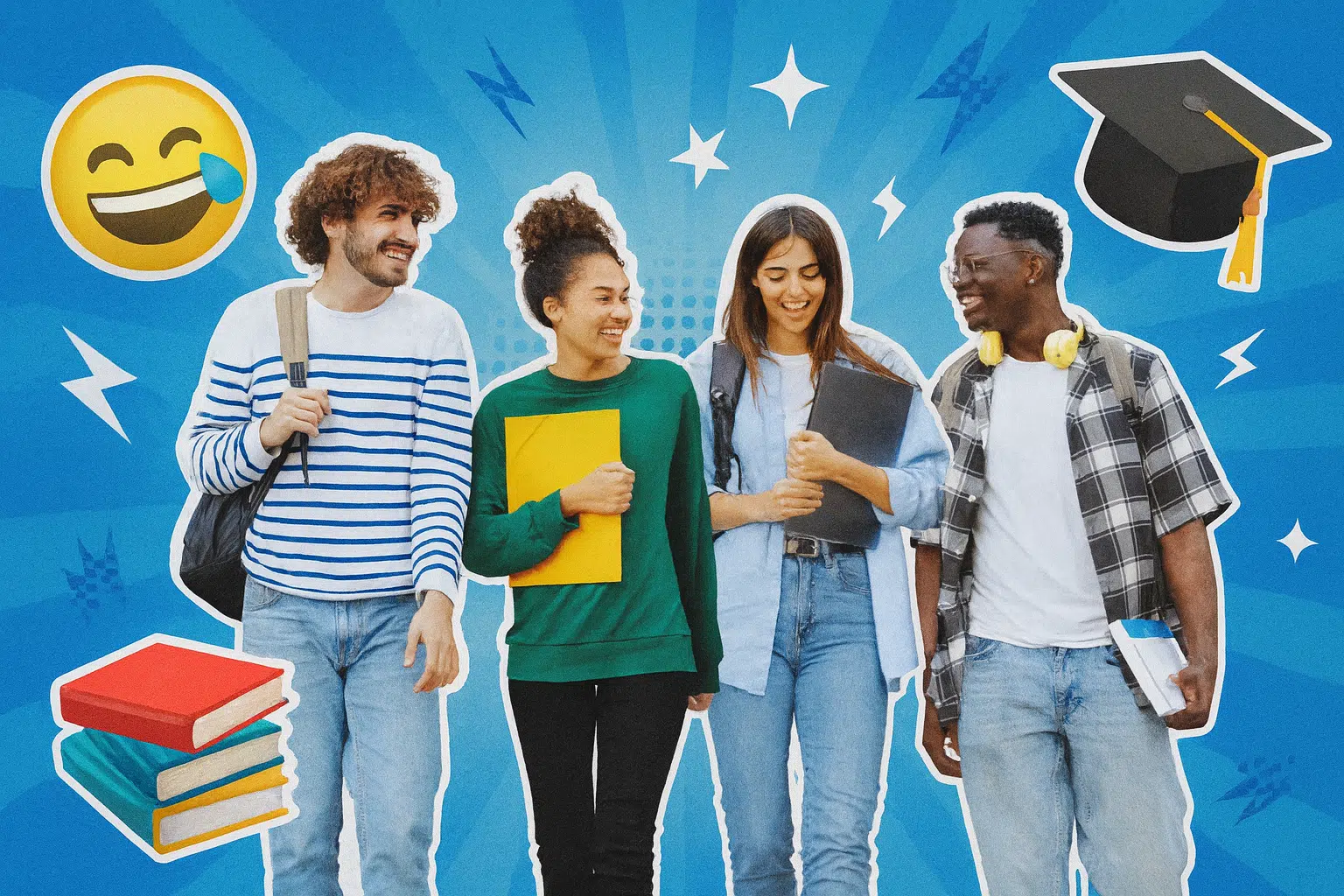 Vier fröhliche Schüler gehen gemeinsam eine Treppe hinunter, lachen und unterhalten sich. Um ihn herum ist ein blauer Pop-Art Hintergrund mit Emojis.