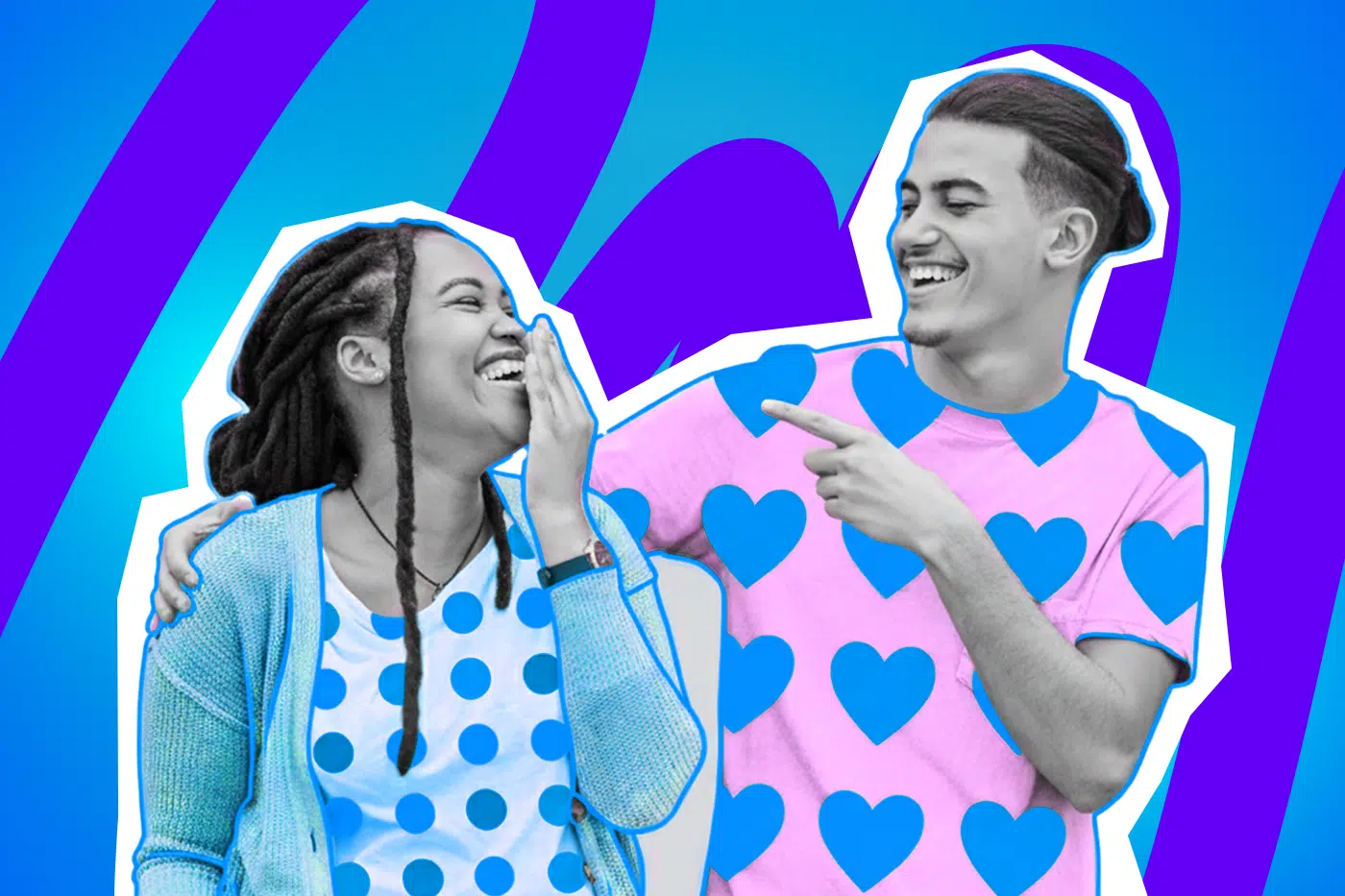 Kreative Bildcollage eines lachenden Paares (Schwarz-Weiß-Haut, bunte Kleidung mit Vektor-Mustern) als Illustration für einen Blogartikel über humorvolle, falsch verstandene Sprichwörter und Redewendungen.