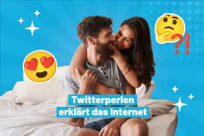 Ein lachendes Paar sitzt eng umarmt auf einem Bett vor einem blauen Pop-Art-Hintergrund mit Emojis – einem verliebten Gesicht und einem nachdenklichen Emoji mit Fragezeichen. In der Mitte steht der Schriftzug „Twitterperlen erklärt das Internet“.