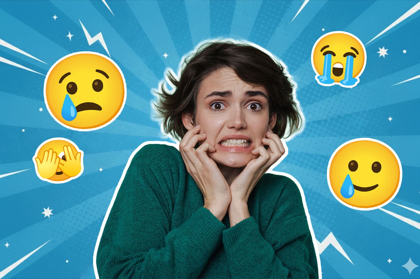 Eine Frau mit kurzem dunklem Haar trägt einen grünen Pullover und wirkt angespannt oder gestresst, mit verkrampften Händen im Gesicht. Um sie herum sind weinende, besorgte und peinlich berührte Emojis vor einem blauen Strahlenhintergrund – Symbol für Überforderung oder emotionale Anspannung.