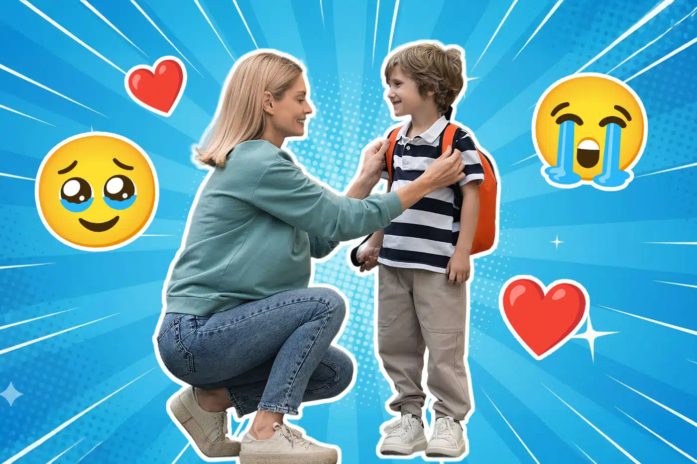 Eine Frau kniet vor einem kleinen Jungen mit Rucksack und hilft ihm, seine Kleidung oder den Rucksack zu richten. Beide lächeln sich an. Im Hintergrund sind blaue Strahlen, rote Herzen und weinende sowie gerührte Emojis zu sehen.