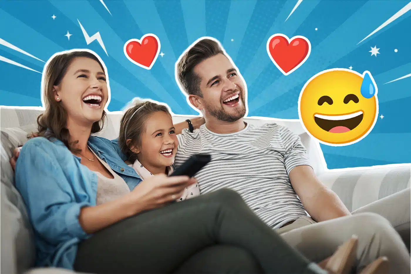 Eine lachende Familie sitzt gemeinsam auf dem Sofa und schaut fern. Im Hintergrund sind blaue Strahlen, rote Herzen und ein lachendes Emoji mit Schweißperle zu sehen.