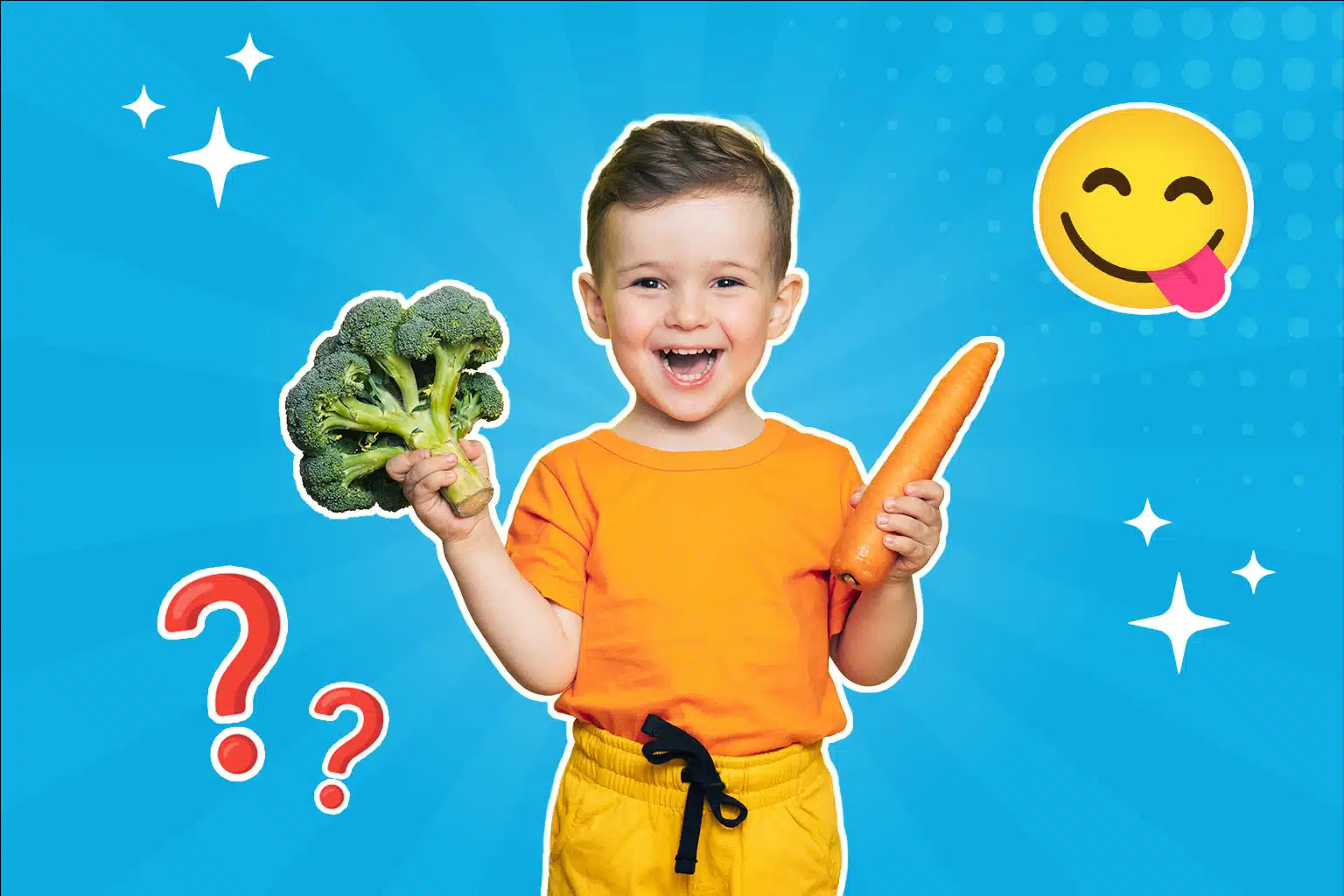 Ein lachendes Kind in orangefarbenem T-Shirt hält eine Karotte in der einen und ein Stück Brokkoli in der anderen Hand; umgeben von Fragezeichen und einem schleckenden Emoji auf blauem, grafischem Hintergrund.