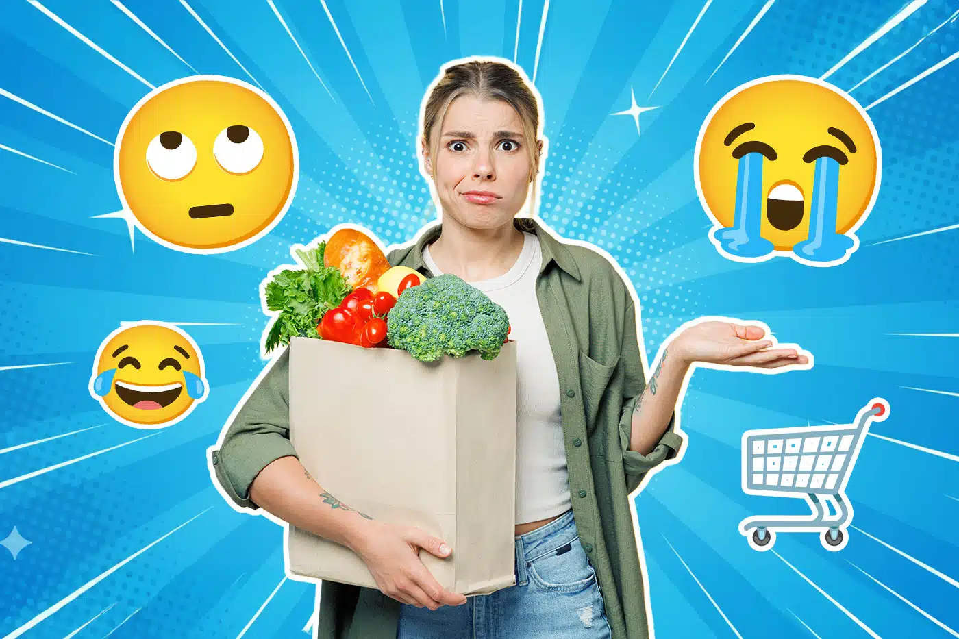 Eine Frau steht mit einem vollen Einkaufsbeutel voller Gemüse und Obst da und blickt genervt oder ratlos. Um sie herum sind verschiedene Emojis – darunter Augenverdreh-, Lach- und Weinemojis – sowie ein Einkaufswagen-Symbol. Der Hintergrund ist blau mit Strahlenmuster, Symbol für Frust oder Chaos beim Einkaufen.