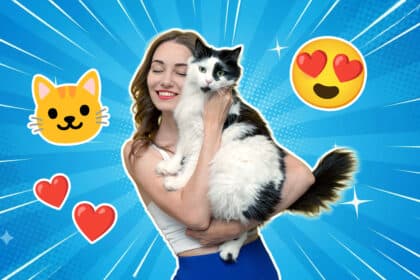 Eine lächelnde Frau hält eine große schwarz-weiße Katze im Arm und drückt sie liebevoll. Im Hintergrund sind ein blauer Strahlenhintergrund, Herz- und Katzen-Emojis zu sehen – Symbol für Tierliebe und Zuneigung zwischen Mensch und Haustier.