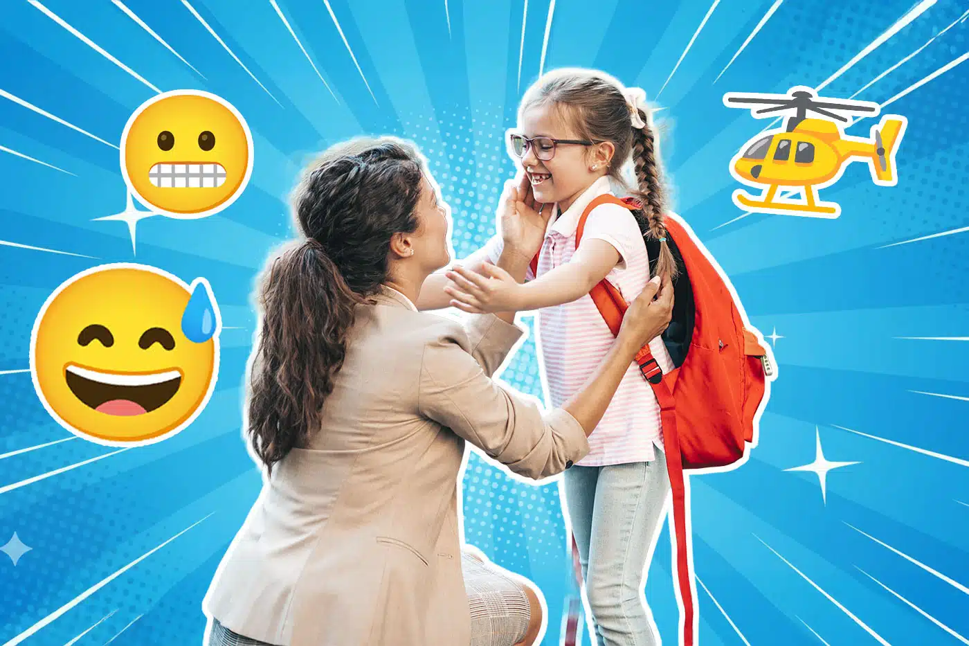 Eine Frau kniet vor einem Mädchen mit Rucksack und richtet ihr liebevoll das Gesicht oder die Brille. Beide lächeln sich an. Um sie herum sind Emojis mit angespanntem und schwitzendem Gesicht sowie ein kleines Hubschrauber-Icon auf blauem Strahlenhintergrund – Symbol für Fürsorge und „Helikopter-Eltern“-Vibes.