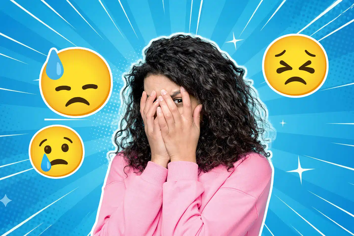 Eine Frau mit lockigem Haar trägt einen rosa Pullover und hält sich verlegen oder besorgt die Hände vors Gesicht. Um sie herum sind traurige und gestresste Emojis auf blauem Strahlenhintergrund zu sehen – Symbol für Unsicherheit, Scham oder innere Anspannung.
