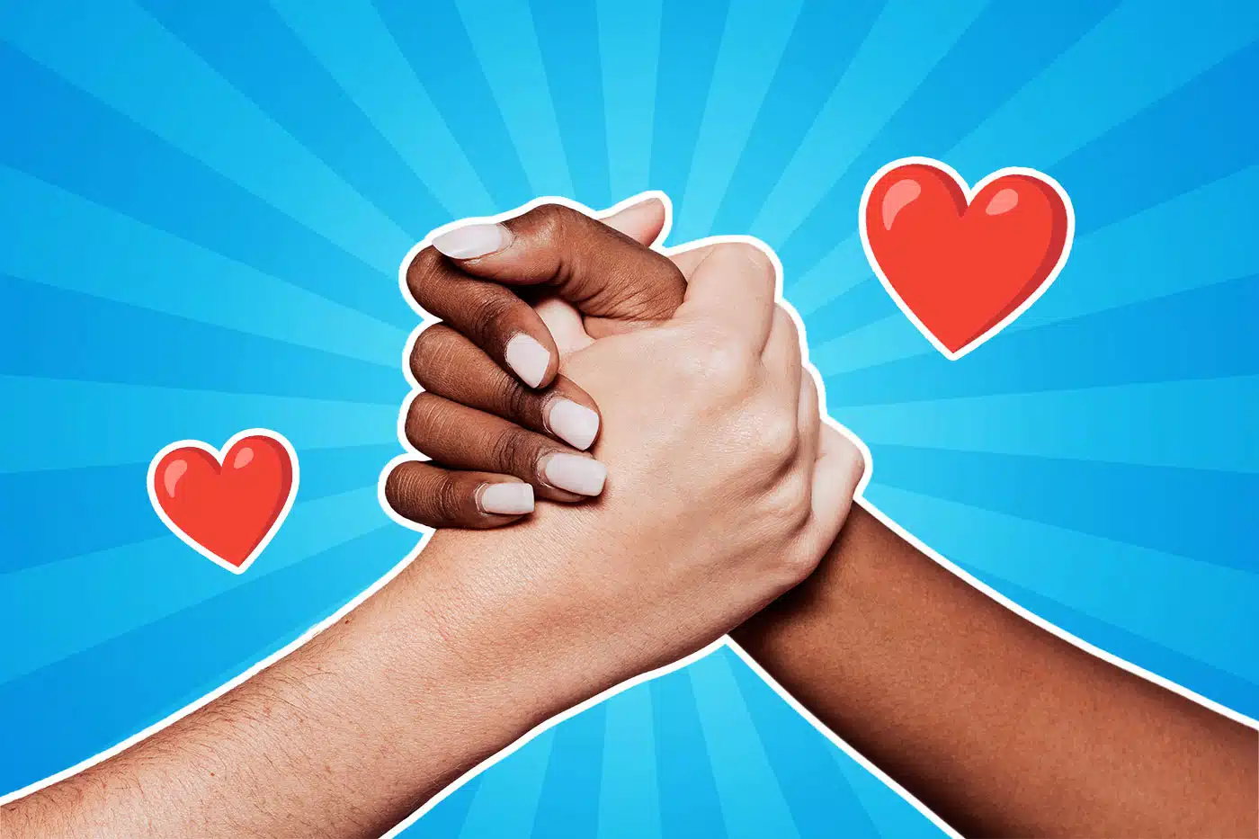 Zwei Hände unterschiedlicher Hautfarben halten sich fest vor einem blauen Hintergrund mit Strahlenmuster; daneben sind zwei rote Herzen abgebildet – ein Symbol für Freundschaft, Zusammenhalt und Liebe.