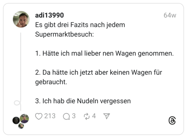 Es gibt drei Fazits nach jedem Supermarktbesuch: 1. Hätte ich mal lieber nen Wagen genommen. 2. Da hätte ich jetzt aber keinen Wagen für gebraucht. 3. Ich hab die Nudeln vergessen