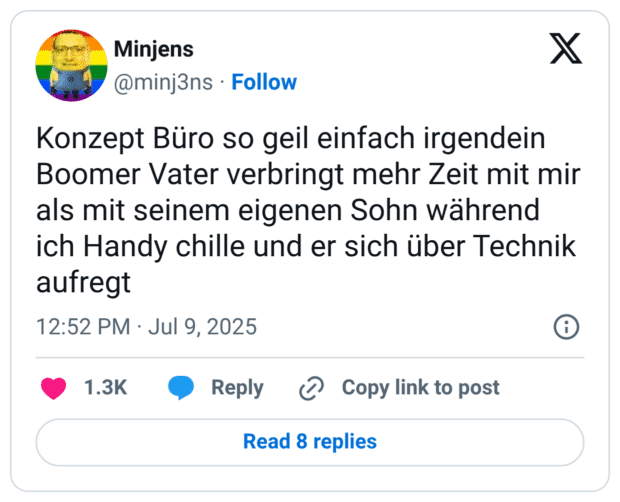 Konzept Büro so geil einfach irgendein Boomer Vater verbringt mehr Zeit mit mir als mit seinem eigenen Sohn während ich Handy chille und er sich über Technik aufregt