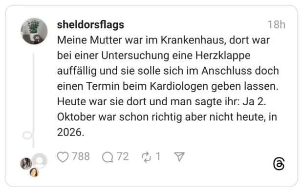 Meine Mutter war im Krankenhaus, dort war bei einer Untersuchung eine Herzklappe auffällig und sie solle sich im Anschluss doch einen Termin beim Kardiologen geben lassen. Heute war sie dort und man sagte ihr: Ja 2. Oktober war schon richtig aber nicht heute, in 2026.