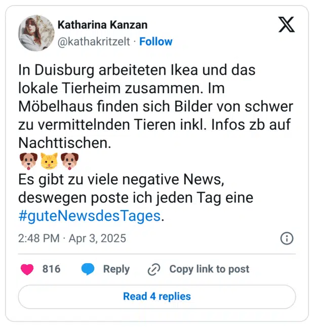 In Duisburg arbeiteten Ikea und das lokale Tierheim zusammen. Im Möbelhaus finden sich Bilder von schwer zu vermittelnden Tieren inkl. Infos zb auf Nachttischen. :hund::katze::hund: Es gibt zu viele negative News, deswegen poste ich jeden Tag eine #guteNewsdesTages.