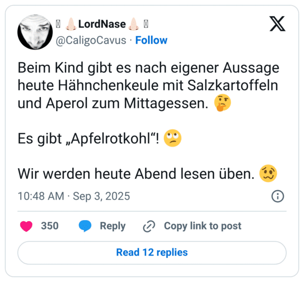 Beim Kind gibt es nach eigener Aussage heute Hähnchenkeule mit Salzkartoffeln und Aperol zum Mittagessen. :nachdenkliches_gesicht: Es gibt „Apfelrotkohl“! :gesicht_verdreht_augen: Wir werden heute Abend lesen üben. :schwindeliges_gesicht: