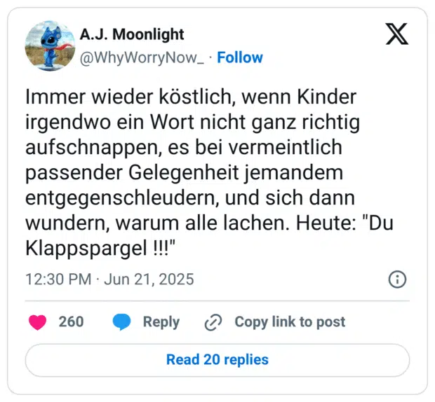 Immer wieder köstlich, wenn Kinder irgendwo ein Wort nicht ganz richtig aufschnappen, es bei vermeintlich passender Gelegenheit jemandem entgegenschleudern, und sich dann wundern, warum alle lachen. Heute: "Du Klappspargel !!!"