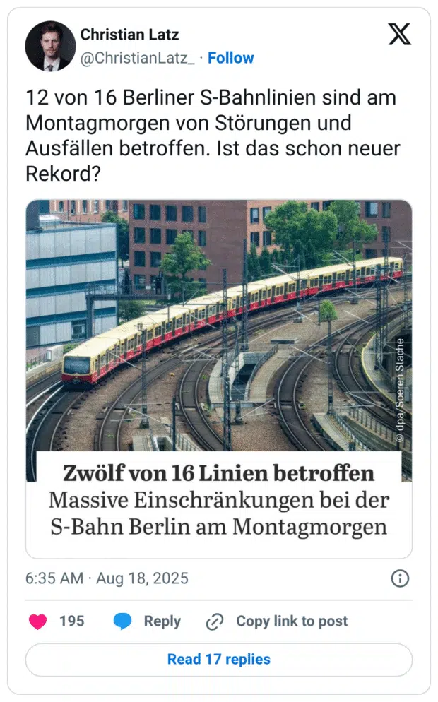 12 von 16 Berliner S-Bahnlinien sind am Montagmorgen von Störungen und Ausfällen betroffen. Ist das schon neuer Rekord?