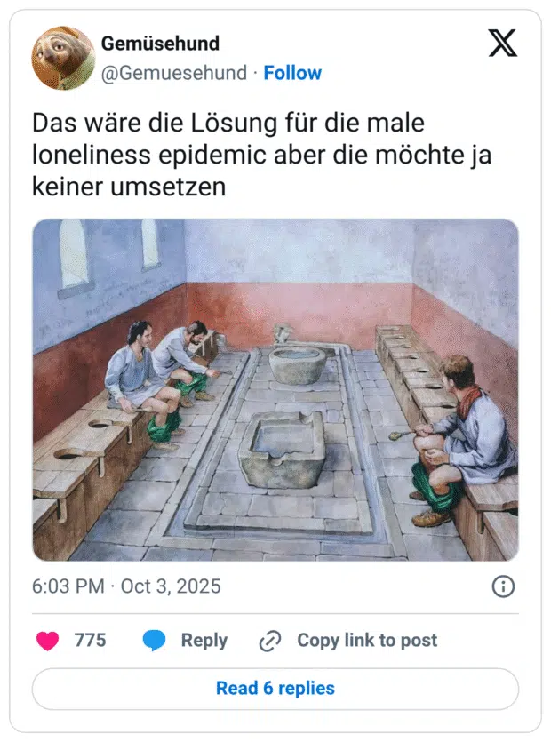 Das wäre die Lösung für die male Ioneliness epidemic aber die möchte ja keiner umsetzen
