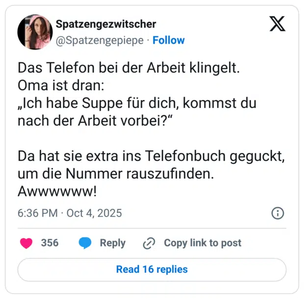 Das Telefon bei der Arbeit klingelt. Oma ist dran: „Ich habe Suppe für dich, kommst du nach der Arbeit vorbei?" Da hat sie extra ins Telefonbuch geguckt, um die Nummer rauszufinden. Awwwwww