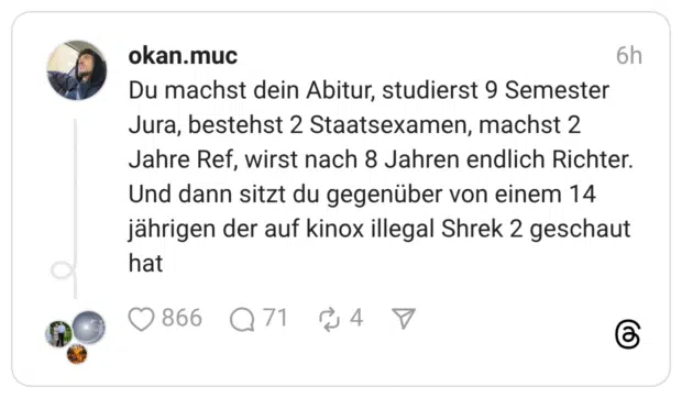Du machst dein Abitur, studierst 9 Semester Jura, bestehst 2 Staatsexamen, machst 2 Jahre Ref, wirst nach 8 Jahren endlich Richter. Und dann sitzt du gegenüber von einem 14 jährigen der auf kinox illegal Shrek 2 geschaut hat