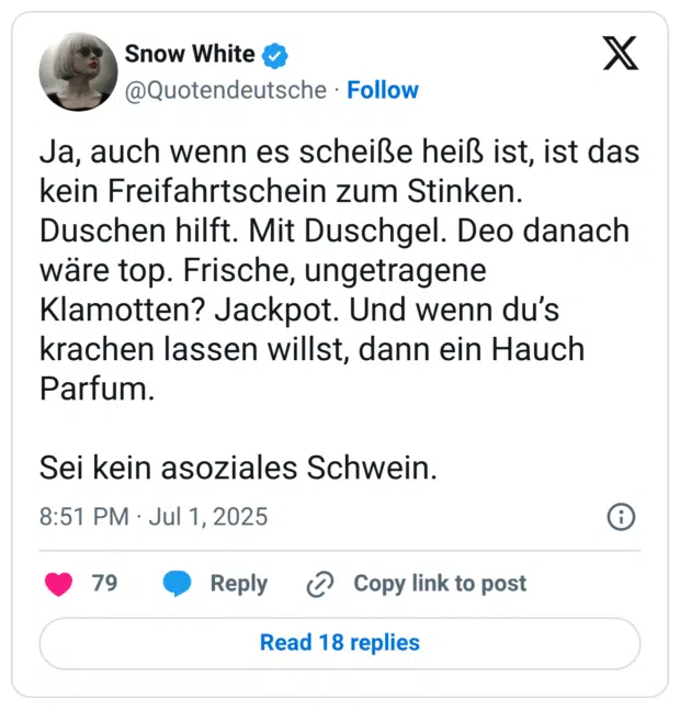 Ja, auch wenn es scheiße heiß ist, ist das kein Freifahrtschein zum Stinken. Duschen hilft. Mit Duschgel. Deo danach wäre top. Frische, ungetragene Klamotten? Jackpot. Und wenn du’s krachen lassen willst, dann ein Hauch Parfum. Sei kein asoziales Schwein.