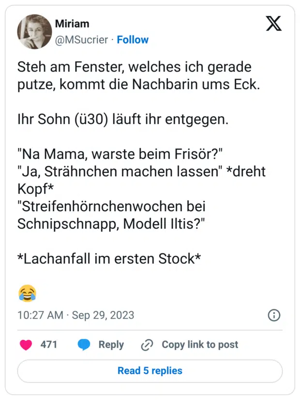 Steh am Fenster, welches ich gerade putze, kommt die Nachbarin ums Eck. Ihr Sohn (ü30) läuft ihr entgegen. "Na Mama, warste beim Frisör?" "Ja, Strähnchen machen lassen" *dreht Kopf* "Streifenhörnchenwochen bei Schnipschnapp, Modell Iltis?" *Lachanfall im ersten Stock* 😂