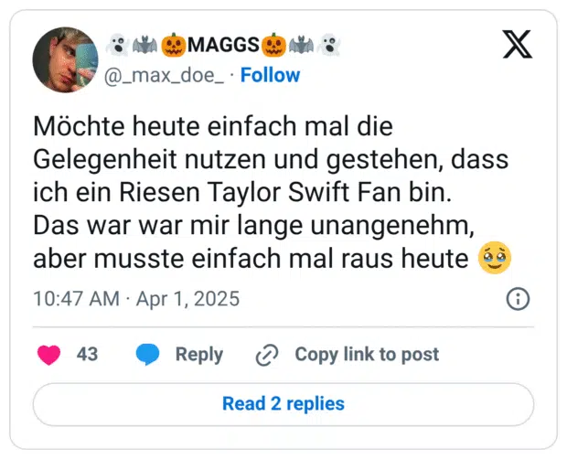Möchte heute einfach mal die Gelegenheit nutzen und gestehen, dass ich ein Riesen Taylor Swift Fan bin. Das war war mir lange unangenehm, aber musste einfach mal raus heute 🥹
