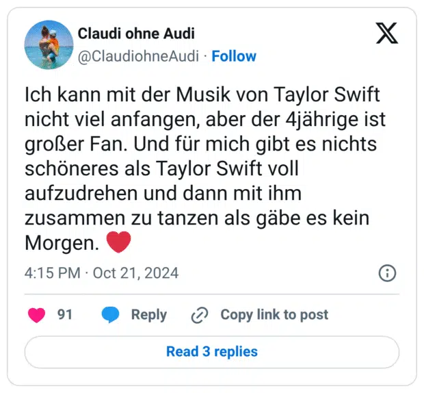 Ich kann mit der Musik von Taylor Swift nicht viel anfangen, aber der 4jährige ist großer Fan. Und für mich gibt es nichts schöneres als Taylor Swift voll aufzudrehen und dann mit ihm zusammen zu tanzen als gäbe es kein Morgen. ❤️