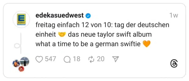 freitag einfach 12 von 10: tag der deutschen einheit 🤝 das neue taylor swift album what a time to be a german swiftie 🧡