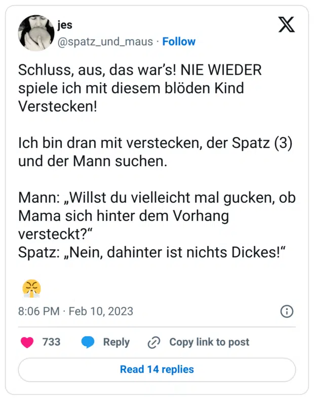 Schluss, aus, das war’s! NIE WIEDER spiele ich mit diesem blöden Kind Verstecken! Ich bin dran mit verstecken, der Spatz (3) und der Mann suchen. Mann: „Willst du vielleicht mal gucken, ob Mama sich hinter dem Vorhang versteckt?“ Spatz: „Nein, dahinter ist nichts Dickes!“ 😤