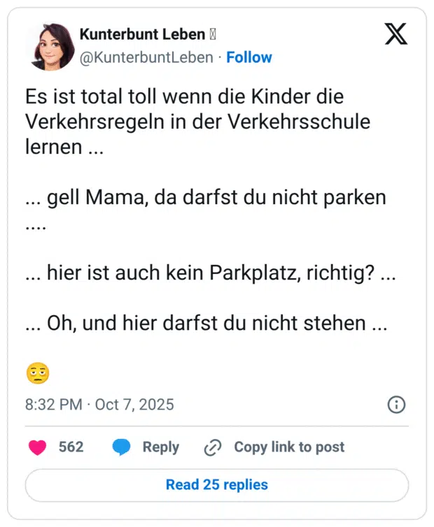 Es ist total toll wenn die Kinder die Verkehrsregeln in der Verkehrsschule lernen ... ... gell Mama, da darfst du nicht parken ... . ... hier ist auch kein Parkplatz, richtig? ... ... Oh, und hier darfst du nicht stehen ...
