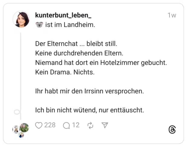 Der Elternchat ... bleibt still. Keine durchdrehenden Eltern. Niemand hat dort ein Hotelzimmer gebucht. Kein Drama. Nichts. Ihr habt mir den Irrsinn versprochen. Ich bin nicht wütend, nur enttäuscht.
