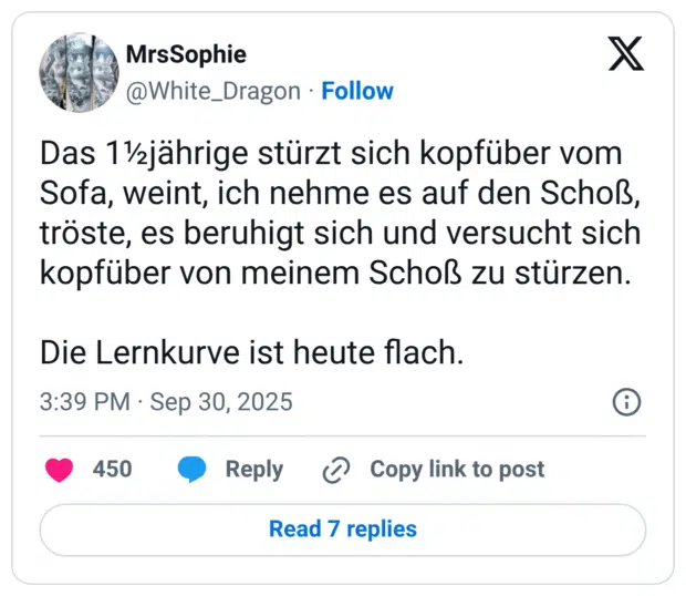 Das 1½jährige stürzt sich kopfüber vom Sofa, weint, ich nehme es auf den Schoß, tröste, es beruhigt sich und versucht sich kopfüber von meinem Schoß zu stürzen. Die Lernkurve ist heute flach.