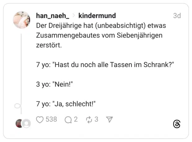 Der Dreijährige hat (unbeabsichtigt) etwas Zusammengebautes vom Siebenjährigen zerstört. 7 yo: "Hast du noch alle Tassen im Schrank?" 3 yo: "Nein!" 7 yo: "Ja, schlecht!"