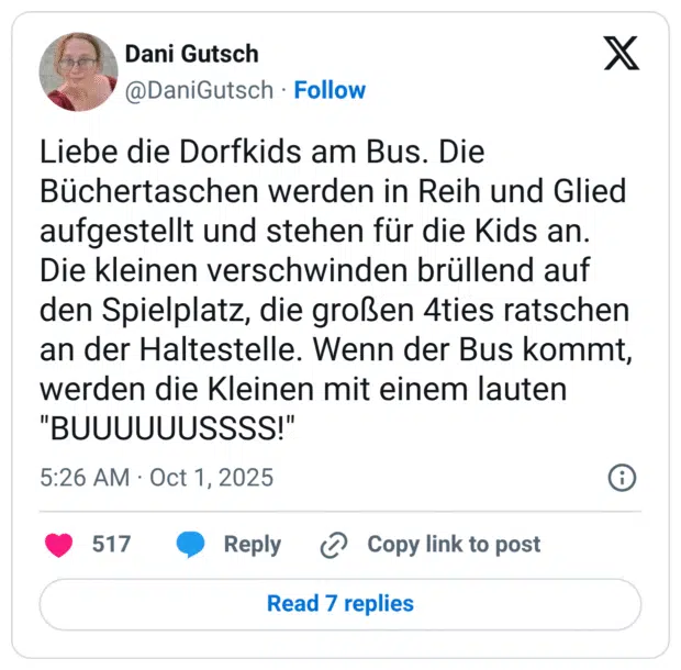 Liebe die Dorfkids am Bus. Die Büchertaschen werden in Reih und Glied aufgestellt und stehen für die Kids an. Die kleinen verschwinden brüllend auf den Spielplatz, die großen 4ties ratschen an der Haltestelle. Wenn der Bus kommt, werden die Kleinen mit einem lauten "BUUUUUUSSSS!"