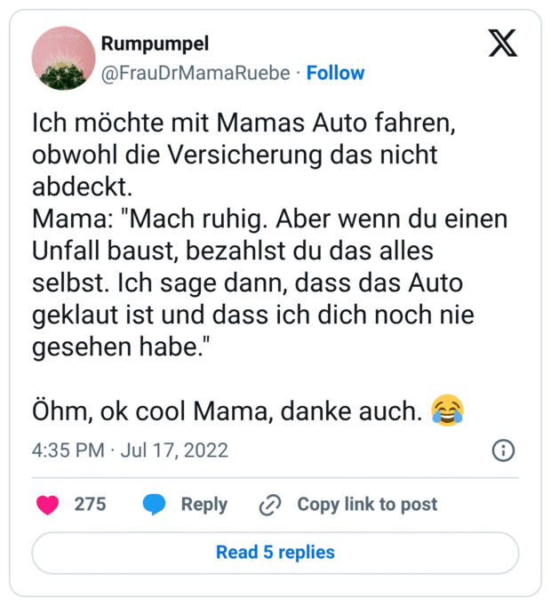 Ich möchte mit Mamas Auto fahren, obwohl die Versicherung das nicht abdeckt. Mama: "Mach ruhig. Aber wenn du einen Unfall baust, bezahlst du das alles selbst. Ich sage dann, dass das Auto geklaut ist und dass ich dich noch nie gesehen habe." Öhm, ok cool Mama, danke auch. 😂