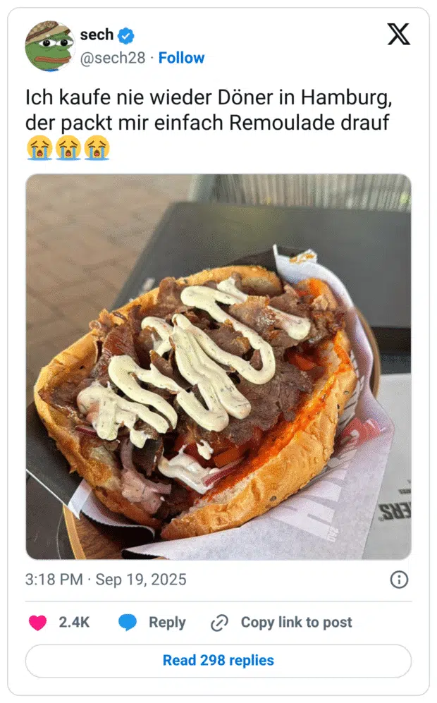 Ich kaufe nie wieder Döner in Hamburg, der packt mir einfach Remoulade drauf 😭😭😭