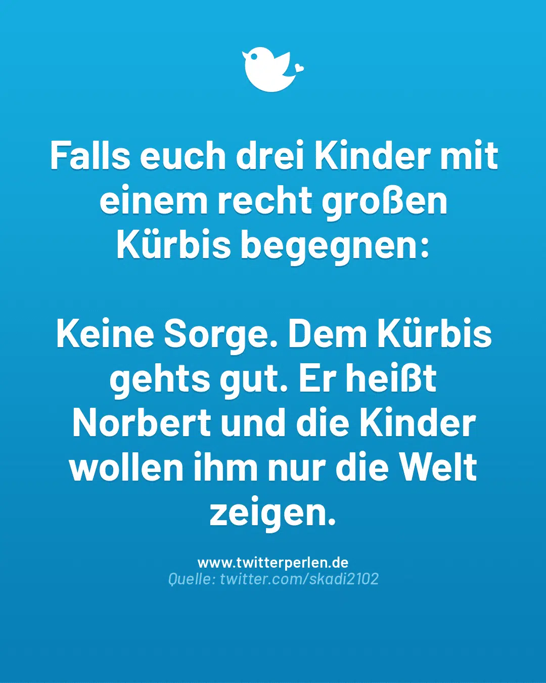 Falls euch drei Kinder mit einem recht großen Kürbis begegnen:
Keine Sorge. Dem Kürbis gehts gut. Er heißt Norbert und die Kinder wollen ihm nur die Welt zeigen.