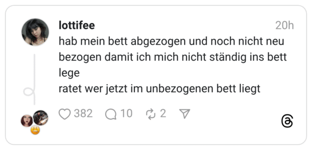 hab mein bett abgezogen und noch nicht neu bezogen damit ich mich nicht ständig ins bett lege ratet wer jetzt im unbezogenen bett liegt