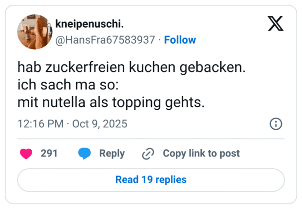 hab zuckerfreien kuchen gebacken. ich sach ma so: mit nutella als topping gehts. 1