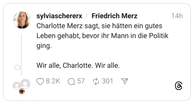 Charlotte Merz sagt, sie hätten ein gutes Leben gehabt, bevor ihr Mann in die Politik ging. Wir alle, Charlotte. Wir alle. 08.2K Q57 2301 7