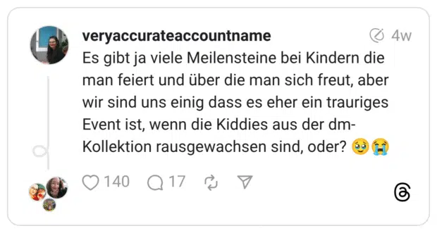 Es gibt ja viele Meilensteine bei Kindern die man feiert und über die man sich freut, aber wir sind uns einig dass es eher ein trauriges Event ist, wenn die Kiddies aus der dm-Kollektion rausgewachsen sind, oder? :gesicht_mit_zurückgehaltenen_tränen::schluchzen: